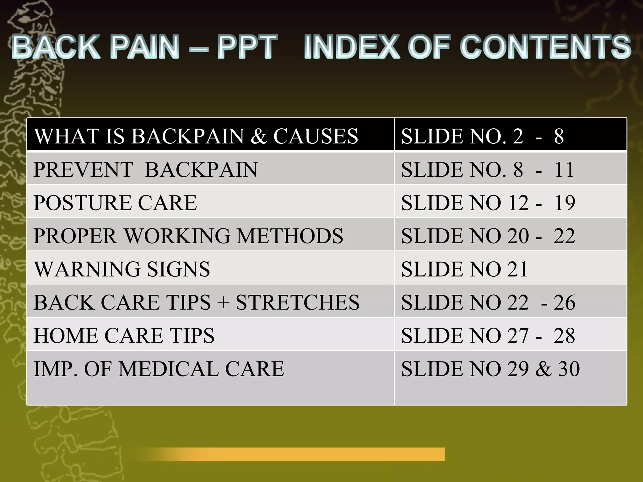WHAT IS BACKPAIN & CAUSES  SLIDE NO. 2  -  8 PREVENT  BACKPAIN  SLIDE NO. 8  -  11 POSTURE CARE  SLIDE NO 12 -  19 PROPER WORKING METHODS  SLIDE NO 20 -  22 WARNING SIGNS  SLIDE NO 21 BACK CARE TIPS + STRETCHES  SLIDE NO 22  - 26 HOME CARE TIPS  SLIDE NO 27 -  28 IMP. OF MEDICAL CARE  SLIDE NO 29 & 30 