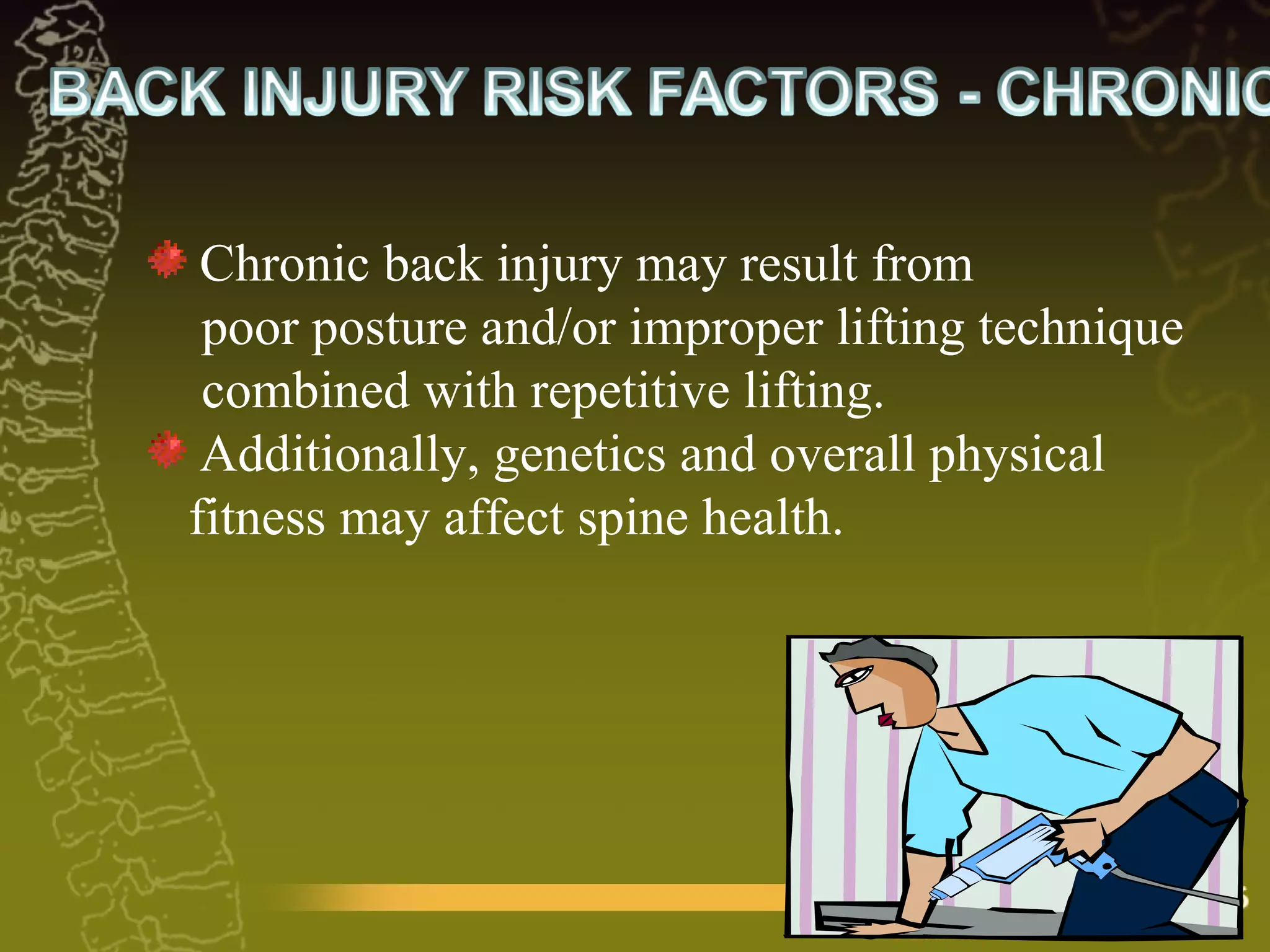 Chronic back injury may result from  poor posture and/or improper lifting technique  combined with repetitive lifting. Additionally, genetics and overall physical  fitness may affect spine health.  