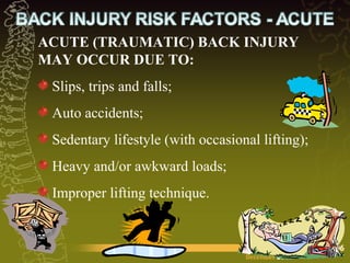 ACUTE (TRAUMATIC) BACK INJURY MAY OCCUR DUE TO:  Slips, trips and falls;  Auto accidents; Sedentary lifestyle (with occasional lifting);  Heavy and/or awkward loads;  Improper lifting technique. 