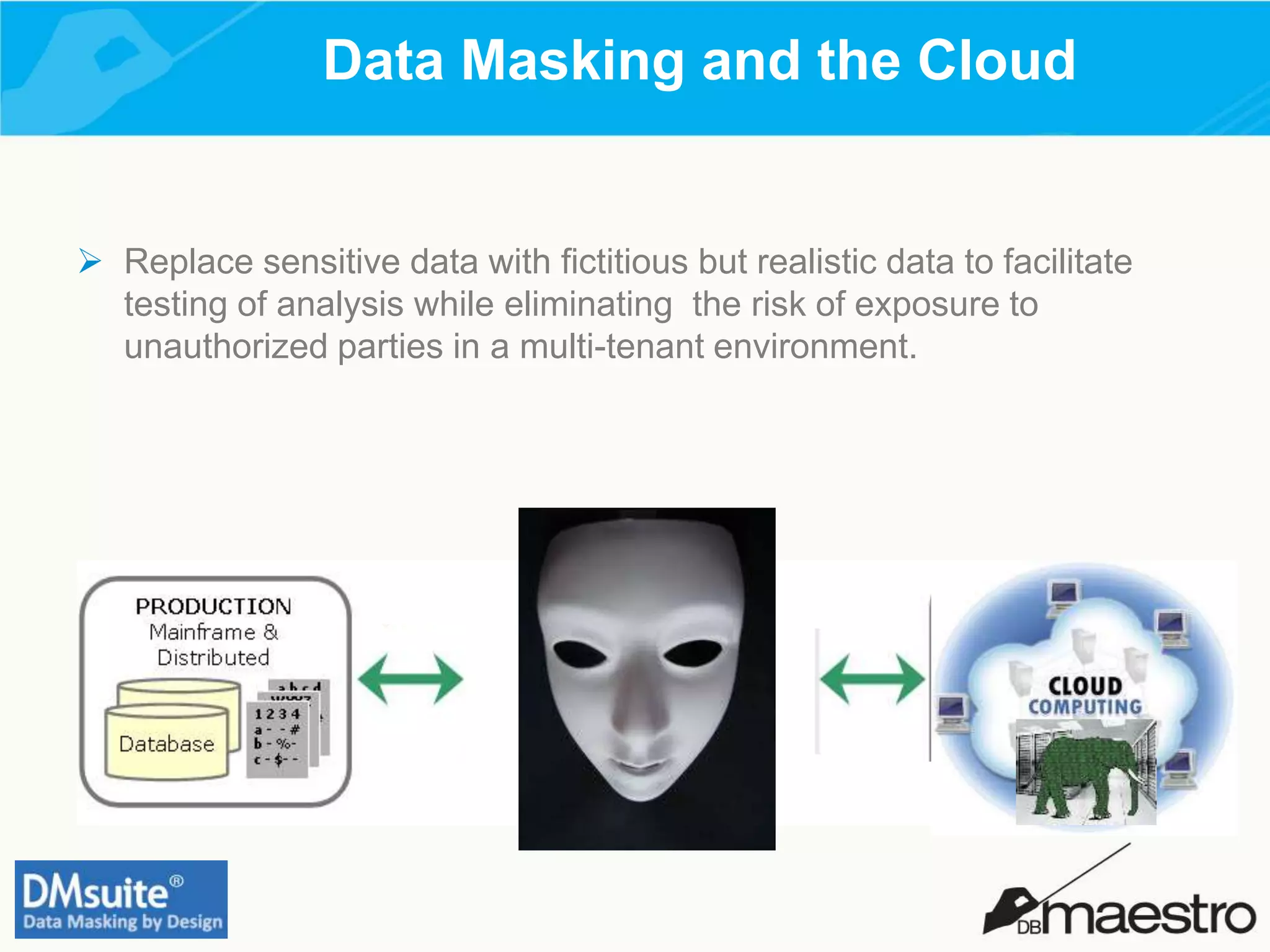Data Masking and the Cloud
 Replace sensitive data with fictitious but realistic data to facilitate
testing of analysis while eliminating the risk of exposure to
unauthorized parties in a multi-tenant environment.
 