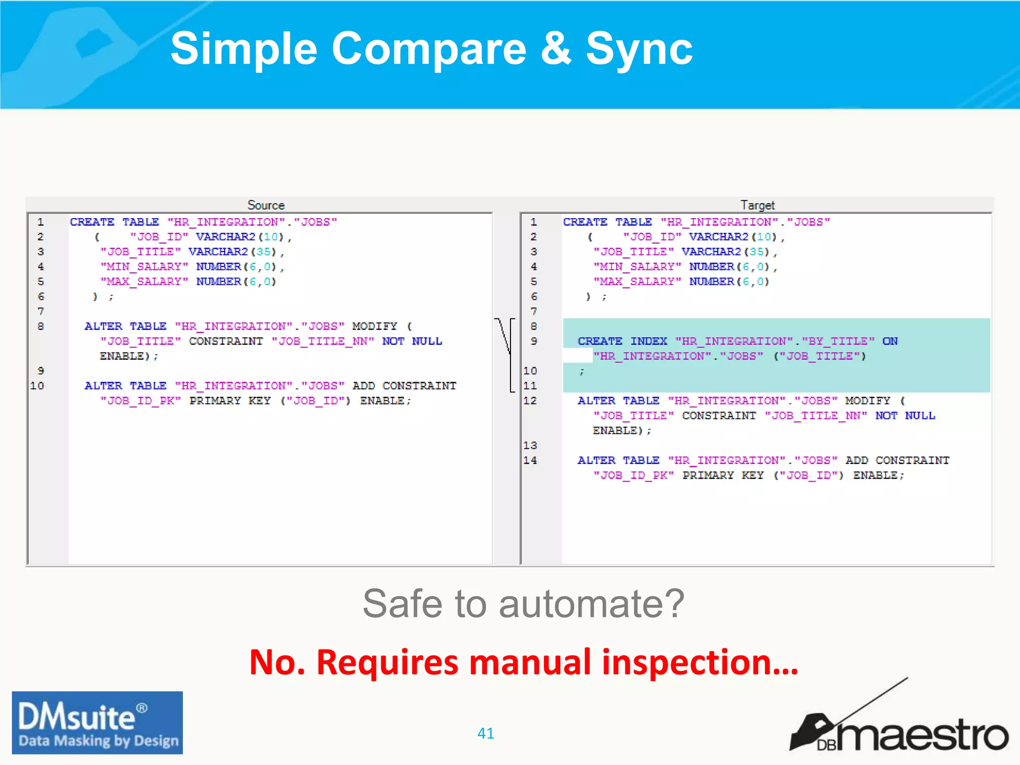 41
Simple Compare & Sync
Safe to automate?
No. Requires manual inspection…
 