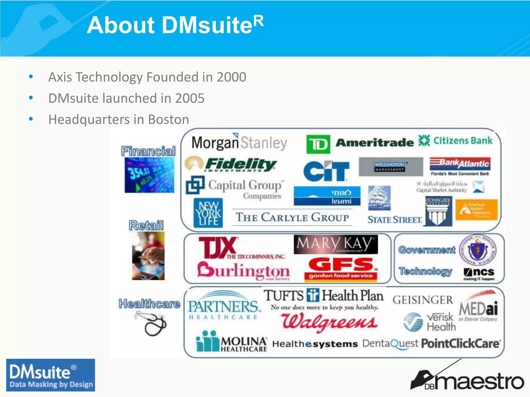 About DMsuiteR
• Axis Technology Founded in 2000
• DMsuite launched in 2005
• Headquarters in Boston
 