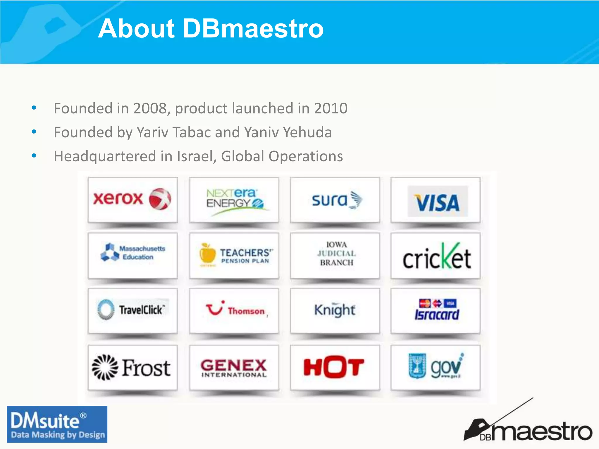 About DBmaestro
• Founded in 2008, product launched in 2010
• Founded by Yariv Tabac and Yaniv Yehuda
• Headquartered in Israel, Global Operations
 