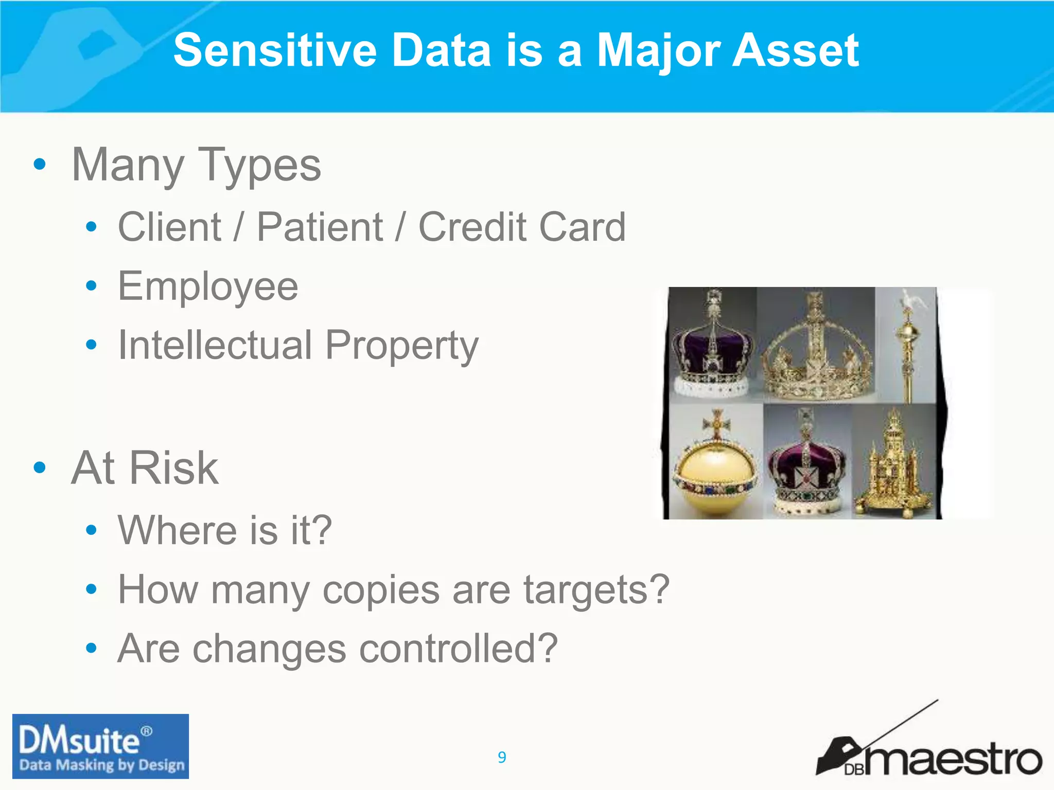 9
• Many Types
• Client / Patient / Credit Card
• Employee
• Intellectual Property
• At Risk
• Where is it?
• How many copies are targets?
• Are changes controlled?
Sensitive Data is a Major Asset
 