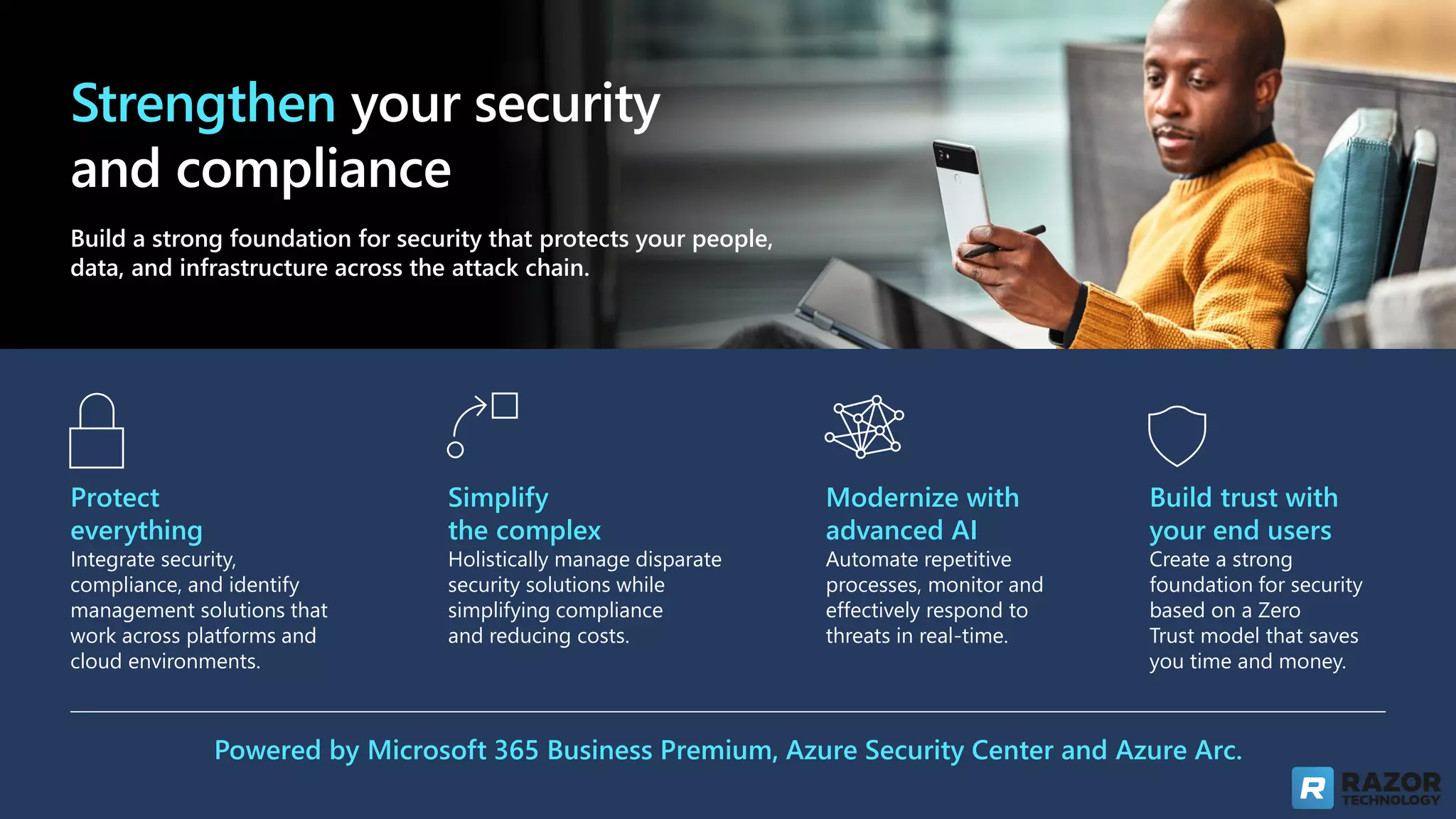 Strengthen your security
and compliance
Build a strong foundation for security that protects your people,
data, and infrastructure across the attack chain.
Protect
everything
Integrate security,
compliance, and identify
management solutions that
work across platforms and
cloud environments.
Simplify
the complex
Holistically manage disparate
security solutions while
simplifying compliance
and reducing costs.
Modernize with
advanced AI
Automate repetitive
processes, monitor and
effectively respond to
threats in real-time.
Build trust with
your end users
Create a strong
foundation for security
based on a Zero
Trust model that saves
you time and money.
Powered by Microsoft 365 Business Premium, Azure Security Center and Azure Arc.
 