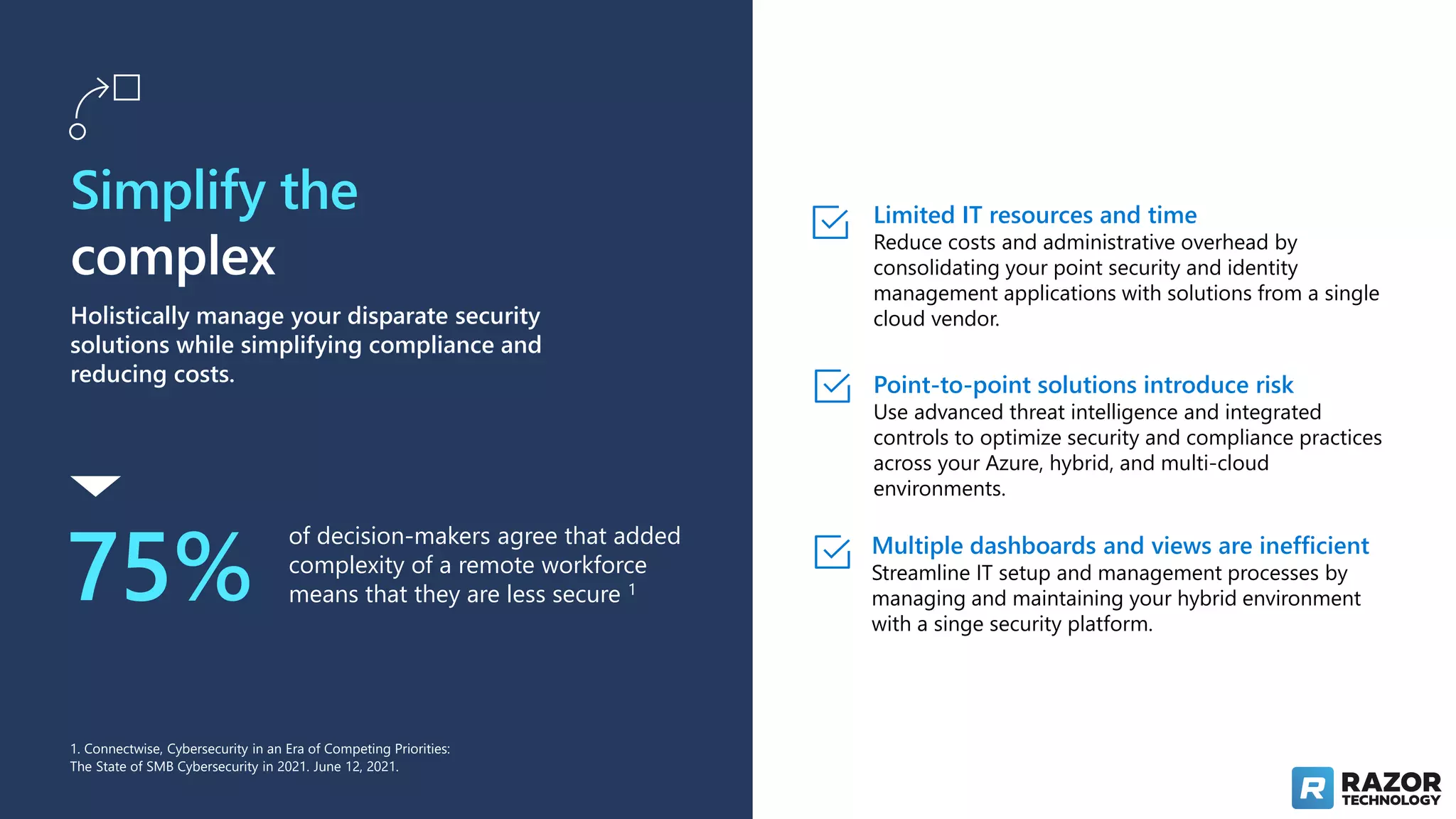 Simplify the
complex
Holistically manage your disparate security
solutions while simplifying compliance and
reducing costs.
75%
of decision-makers agree that added
complexity of a remote workforce
means that they are less secure 1
Limited IT resources and time
Reduce costs and administrative overhead by
consolidating your point security and identity
management applications with solutions from a single
cloud vendor.
Point-to-point solutions introduce risk
Use advanced threat intelligence and integrated
controls to optimize security and compliance practices
across your Azure, hybrid, and multi-cloud
environments.
Multiple dashboards and views are inefficient
Streamline IT setup and management processes by
managing and maintaining your hybrid environment
with a singe security platform.
1. Connectwise, Cybersecurity in an Era of Competing Priorities:
The State of SMB Cybersecurity in 2021. June 12, 2021.
 