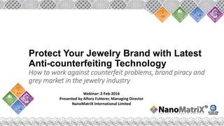 Protect Your Jewelry Brand with Latest
Anti-counterfeiting Technology
How to work against counterfeit problems, brand piracy and
grey market in the jewelry industry
Webinar: 2-Feb-2016
Presented by Alfons Futterer, Managing Director
NanoMatriX International Limited
 