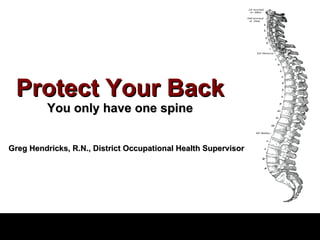 Protect Your Back You only have one spine Greg Hendricks, R.N., District Occupational Health Supervisor 