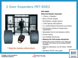 2 Door Expanders PRT-RDE2 PRT-RDE2 Ethernet Reader Expander 2 Doors, 4 Readers Built-in Power Supply Dual Battery charge options 1.5KV Optical LAN Isolation 2 x 12VDC/350mA Monitored Lock Power PTC Outputs ( Positive Temperature Coefficient ) Selectable End of Line Resistors (EOL) 8 Zone Inputs Low Voltage Monitoring Memory for full access decisions! Advanced communication over Ethernet for both this device & connected RS485 modules Network replication via the Slave  RS485 port Standard TCP/IP rules apply *  Ideal for mission critical doors 