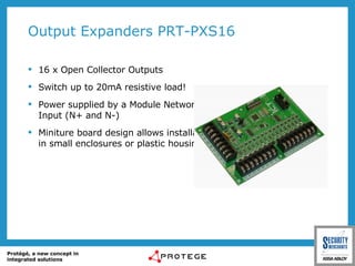 Output Expanders PRT-PXS16 16 x  Open Collector Outputs Switch up to 20mA resistive load! Power supplied by a Module Network Input (N+ and N-) Miniture board design allows installation in small enclosures or plastic housings  