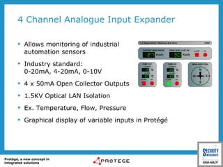 4 Channel Analogue Input Expander Allows monitoring of industrial  automation sensors Industry standard:  0-20mA, 4-20mA, 0-10V 4 x 50mA Open Collector Outputs 1.5KV Optical LAN Isolation Ex. Temperature, Flow, Pressure Graphical display of variable inputs in Protégé 