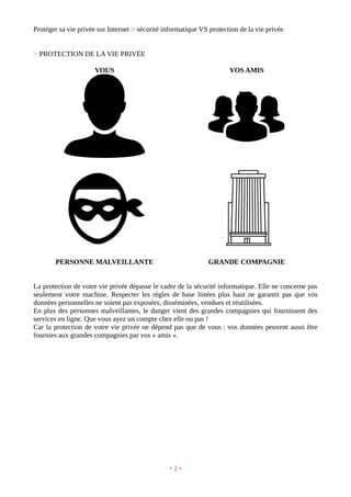 Protéger sa vie privée sur Internet > sécurité informatique VS protection de la vie privée
> PROTECTION DE LA VIE PRIVÉE
VOUS VOS AMIS
PERSONNE MALVEILLANTE GRANDE COMPAGNIE
La protection de votre vie privée dépasse le cadre de la sécurité informatique. Elle ne concerne pas
seulement votre machine. Respecter les règles de base listées plus haut ne garantit pas que vos
données personnelles ne soient pas exposées, disséminées, vendues et réutilisées.
En plus des personnes malveillantes, le danger vient des grandes compagnies qui fournissent des
services en ligne. Que vous ayez un compte chez elle ou pas !
Car la protection de votre vie privée ne dépend pas que de vous : vos données peuvent aussi être
fournies aux grandes compagnies par vos « amis ».
< 2 >
 