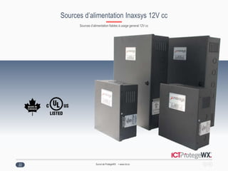 ProtegeWX Overview www.ict.co
Sources d’alimentation Inaxsys 12V cc
22
Sources d’alimentation fiables à usage general 12V cc
Survol de ProtegeWX • www.Ict.co
 