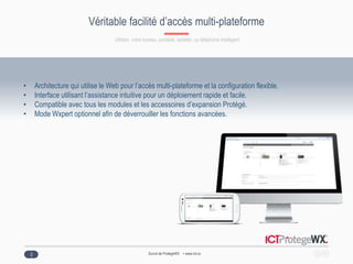 ProtegeWX Overview www.ict.co
• Architecture qui utilise le Web pour l’accès multi-plateforme et la configuration flexible.
• Interface utilisant l’assistance intuitive pour un déploiement rapide et facile.
• Compatible avec tous les modules et les accessoires d’expansion Protégé.
• Mode Wxpert optionnel afin de déverrouiller les fonctions avancées.
Véritable facilité d’accès multi-plateforme
3
Utilisez votre bureau, portable, tablette, ou téléphone intelligent
Survol de ProtegeWX • www.Ict.co
 