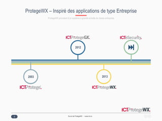 ProtegeWX Overview www.ict.co
ProtegeWX – Inspiré des applications de type Entreprise
4
ProtegeWX provident d’un système à grande échelle de classe entreprise
2003
2012
2013
Survol de ProtegeWX • www.Ict.co
 