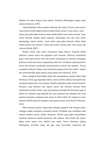 didalam sel terikat dengan asam nukleat. Protamin dihubungkan dengan asam
nukleat (Almatsier, 2010).
    Telah disebutkan bahwa protein terbentuk dari sekitar 20 jenis asam amino.
Asam amino tersebut dapat disintesis dalam tubuh, kecuali 8 asam amino. Asam
amino yang tidak dapat disintesis dalam tubuh disebut asam amino esensial. Asam
amino haruslah terdapat dalam makanan. Kekurangan satu saja asam amino
qmenganggu sintesis protein. Asam amino yang dapat disintesis dalam tubuh
disebut protein non esensial. Contoh asam amino esensial yaitu valin, leusin, dan
isoleusin (Purba, 2007).
    Hampir semua asam amino mempunyai fungsi khusus. Triptofan adalah
prekursor vitamin niasin dan pengantar saraf serotonin. Metionin memberikan
gugus metil guna sintesis kolin dan kreatin. Disamping itu metionin merupakan
prekursor sintein dan ikatan mengandung sulfur lain. Fenilalanin adalah prekursor
tirosin dan bersama membentuk hormon-hormon tiroksin dan epinefrin. Tirosin
merupakan prekursor bahan yang membentuk pigmen kulit dan rambut. Arginin
dan sentrulinterlibat dalam sintesis ureum dalam hati (Almatsier, 2010).
    Glisin mengikat bahan-bahan toksik dan mengubahnya menjadi bahan tidak
berbahaya. Glisin juga digunakan dalam sintesis porfirin nukleus hemoglobin dan
merupakan bagian dari asam empedu. Histidin diperlukan untuk sintesis histamin.
Kreatinin yang disintesis dari arginin, glisin, dan metionin bersama fosfat
membentuk kreatinin fosfat, suatu penyimpanan pentingfosfat berenergi tinggi di
dalam sel. Glutamin yang dibentuk dari asam glutamat dan asparagin dari asam
aspartat merupakan simpanan asam amino di dalam tubuh. Di samping itu asam
glutamat adalah prekursor pengantar saraf gamma amino asam butirat (Almatsier,
2010).
    Pada umumnya protein sangat peka terhadap pengaruh fisik maupun kimia,
sehingga mudah mengalami perubahan bentuk. Perubahan atau modifikasi pada
struktur molekul protein disebut denaturasi. Hal-hal yang dapat menyebabkan
terjadinya denaturasi adalah pemanasan, pH, tekanan, aliran listrik dan adanya
bahan kimia seperti urea, alkohol atau sabun. Proses denaturasi kadang
berlangsung reversible, tetapi ada juga yang irreversible, tergantung dari
 
