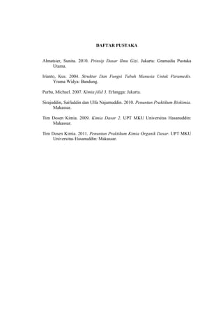 DAFTAR PUSTAKA


Almatsier, Sunita. 2010. Prinsip Dasar Ilmu Gizi. Jakarta: Gramedia Pustaka
    Utama.

Irianto, Kus. 2004. Struktur Dan Fungsi Tubuh Manusia Untuk Paramedis.
      Yrama Widya: Bandung.

Purba, Michael. 2007. Kimia jilid 3. Erlangga: Jakarta.

Sirajuddin, Saifuddin dan Ulfa Najamuddin. 2010. Penuntun Praktikum Biokimia.
      Makassar.

Tim Dosen Kimia. 2009. Kimia Dasar 2. UPT MKU Universitas Hasanuddin:
    Makassar.

Tim Dosen Kimia. 2011. Penuntun Praktikum Kimia Organik Dasar. UPT MKU
     Universitas Hasanuddin: Makassar.
 