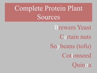 Brewers Yeast
Certain nuts
Soybeans (tofu)
Cottonseed
Quinoa
Complete Protein Plant
Sources
