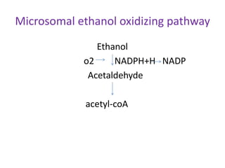 Microsomal ethanol oxidizing pathway
Ethanol
o2 NADPH+H NADP
Acetaldehyde
acetyl-coA
 