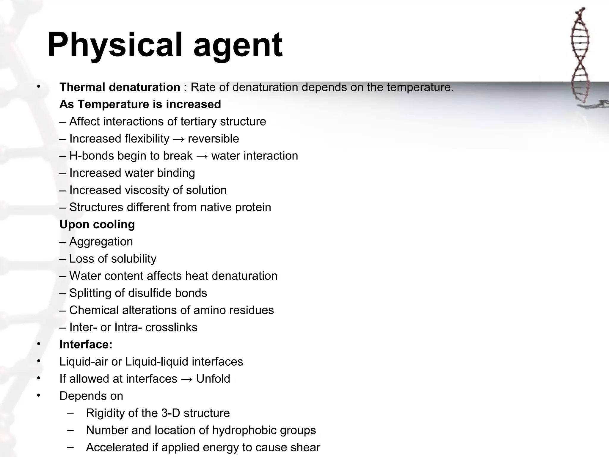 Physical agent
• Thermal denaturation : Rate of denaturation depends on the temperature.
As Temperature is increased
– Affect interactions of tertiary structure
– Increased flexibility → reversible
– H-bonds begin to break → water interaction
– Increased water binding
– Increased viscosity of solution
– Structures different from native protein
Upon cooling
– Aggregation
– Loss of solubility
– Water content affects heat denaturation
– Splitting of disulfide bonds
– Chemical alterations of amino residues
– Inter- or Intra- crosslinks
• Interface:
• Liquid-air or Liquid-liquid interfaces
• If allowed at interfaces → Unfold
• Depends on
– Rigidity of the 3-D structure
– Number and location of hydrophobic groups
– Accelerated if applied energy to cause shear
 