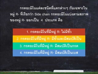 กรดอะมิโนแต่ละชนิดที่แตกต่ำงๆ กันเฉพำะใน
หมู่ R- ที่เรียกว่ำ Side chain กรดอะมิโนแบ่งตำมสภำพ
ของหมู่ R- ออกเป็น 4 ประเภท คือ
1. กรดอะมิโนที่มีหมู่ R- ไม่มีขั้ว
4. กรดอะมิโนที่มีหมู่ R- มีสมบัติเป็นเบส
2. กรดอะมิโนที่มีหมู่ R- มีขั้วและมีสมบัติเป็น
กลำง3. กรดอะมิโนที่มีหมู่ R- มีสมบัติเป็นกรด
 