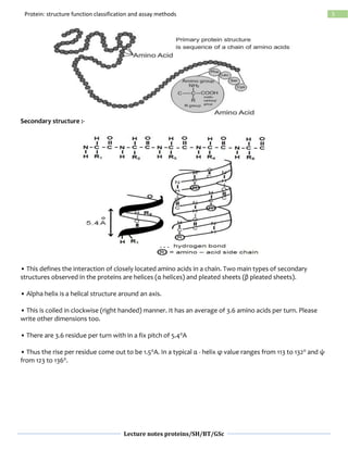 Lecture notes proteins/SH/BT/GSc
5Protein: structure function classification and assay methods
Secondary structure :-
• This defines the interaction of closely located amino acids in a chain. Two main types of secondary
structures observed in the proteins are helices (α helices) and pleated sheets (β pleated sheets).
• Alpha helix is a helical structure around an axis.
• This is coiled in clockwise (right handed) manner. It has an average of 3.6 amino acids per turn. Please
write other dimensions too.
• There are 3.6 residue per turn with in a fix pitch of 5.40A
• Thus the rise per residue come out to be 1.50A. In a typical α - helix φ value ranges from 113 to 1320 and ψ
from 123 to 1360.
 