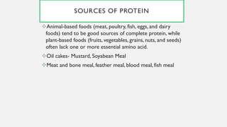 SOURCES OF PROTEIN
❖Animal-based foods (meat, poultry, fish, eggs, and dairy
foods) tend to be good sources of complete protein, while
plant-based foods (fruits, vegetables, grains, nuts, and seeds)
often lack one or more essential amino acid.
❖Oil cakes- Mustard, Soyabean Meal
❖Meat and bone meal, feather meal, blood meal, fish meal
 