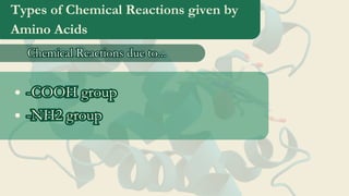 Types of Chemical Reactions given by
Amino Acids
Chemical Reactions due to...
Chemical Reactions due to...
-COOH group
-NH2 group
-COOH group
-NH2 group
 
