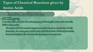 Types of Chemical Reactions given by
Amino Acids
Chemical Reactions due to...
Chemical Reactions due to...
-COOH group
-COOH group
3. Reaction with ammonia: The carboxyl group of dicarboxylic amino acids react with
NH3 to form amide.
3. Reaction with ammonia: The carboxyl group of dicarboxylic amino acids react with
NH3 to form amide.
The amino acid and ammonia engage in a reaction known as deamination. In this
interaction, the amino group of the amino acid bids farewell. It doesn't just vanish;
instead, it combines with the ammonia, forming an ammonium ion.
The amino acid and ammonia engage in a reaction known as deamination. In this
interaction, the amino group of the amino acid bids farewell. It doesn't just vanish;
instead, it combines with the ammonia, forming an ammonium ion.
 