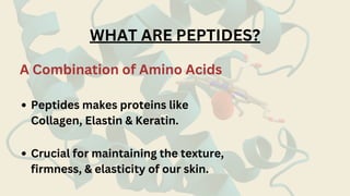 WHAT ARE PEPTIDES?
A Combination of Amino Acids
Peptides makes proteins like
Collagen, Elastin & Keratin.
Crucial for maintaining the texture,
firmness, & elasticity of our skin.
 