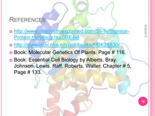 REFERENCES
12/26/2013

http://www.chemistryexplained.com/St-Te/StorageProtein.html#ixzz1kaSRE4el
 http://www.ncbi.nlm.nih.gov/books/NBK26830/
 Book: Molecular Genetics Of Plants. Page # 116.
 Book: Essential Cell Biology by Alberts. Bray.
Johnson. Lewis. Raff. Roberts. Walter. Chapter # 5,
Page # 133.


12

 