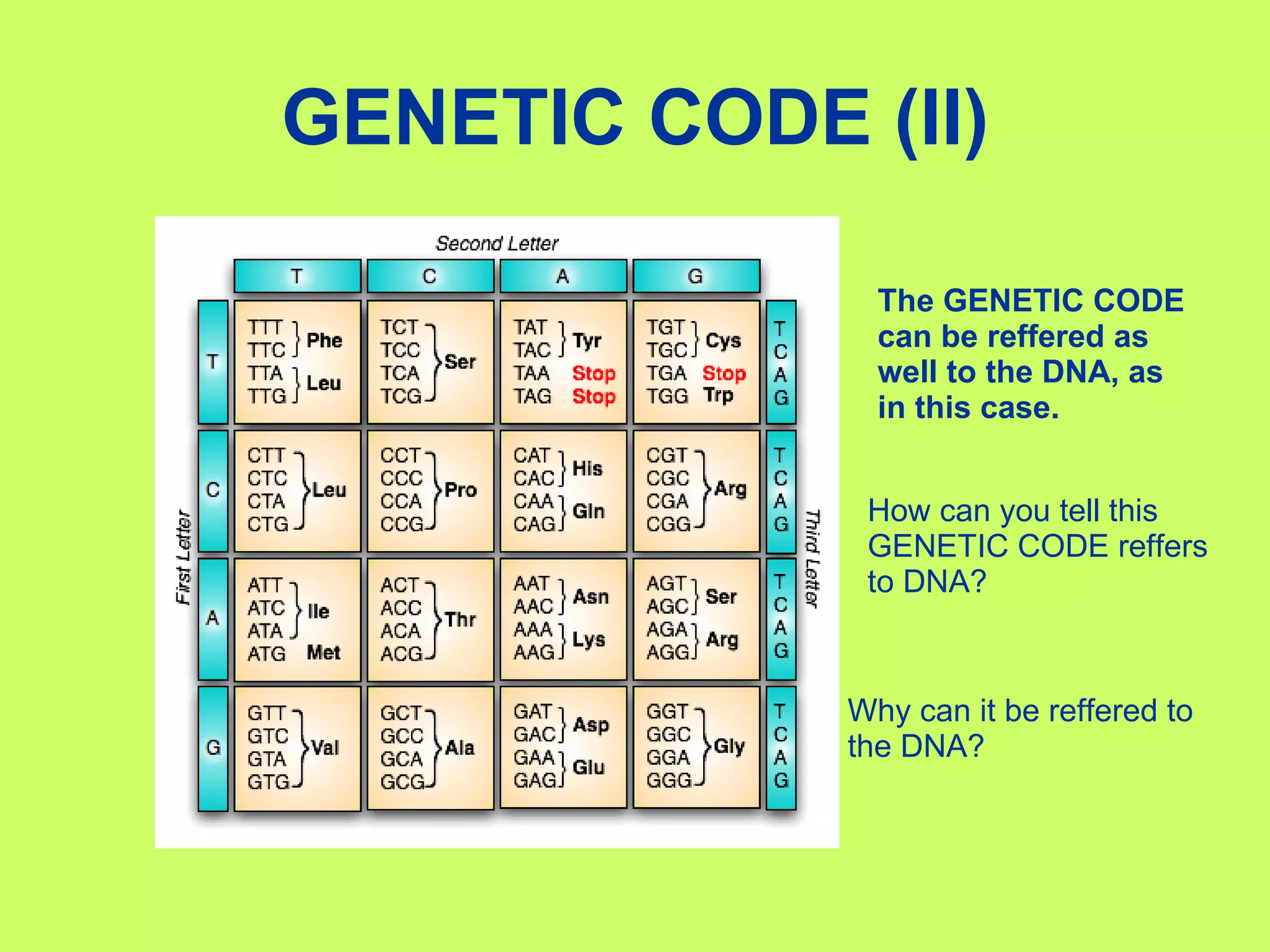 GENETIC CODE (II) The GENETIC CODE can be reffered as well to the DNA, as in this case. How can you tell this GENETIC CODE reffers to DNA? Why can it be reffered to the DNA? 