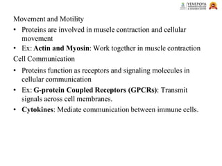 Movement and Motility
• Proteins are involved in muscle contraction and cellular
movement
• Ex: Actin and Myosin: Work together in muscle contraction
Cell Communication
• Proteins function as receptors and signaling molecules in
cellular communication
• Ex: G-protein Coupled Receptors (GPCRs): Transmit
signals across cell membranes.
• Cytokines: Mediate communication between immune cells.
 
