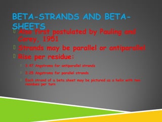 BETA-STRANDS AND BETA-
SHEETS Also first postulated by Pauling and
Corey, 1951
 Strands may be parallel or antiparallel
 Rise per residue:
 3.47 Angstroms for antiparallel strands
 3.25 Angstroms for parallel strands
 Each strand of a beta sheet may be pictured as a helix with two
residues per turn
 