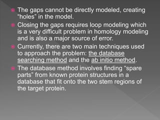  The gaps cannot be directly modeled, creating
“holes” in the model.
 Closing the gaps requires loop modeling which
is a very difficult problem in homology modeling
and is also a major source of error.
 Currently, there are two main techniques used
to approach the problem: the database
searching method and the ab initio method.
 The database method involves finding “spare
parts” from known protein structures in a
database that fit onto the two stem regions of
the target protein.
 