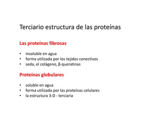 ColágenoFamilia de proteínas relacionadas.Aproximadamente un tercio de todas las proteínas en los seres humanos.proteínas estructuralesProporciona la fuerza a los huesos, tendones, piel, sangrebuques.Formas triple hélice -tropocolágeno