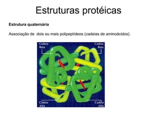 Estrutura quaternária
Associação de dois ou mais polipeptídeos (cadeias de aminoácidos).
Estruturas protéicas
 
