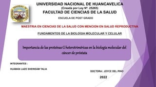 UNIVERSIDAD NACIONAL DE HUANCAVELICA
(Creada por Ley Nº. 25265)
FACULTAD DE CIENCIAS DE LA SALUD
ESCUELA DE POST GRADO
INTEGRANTES :
HUAMAN LAZO SHERIDAM TALIA
2022
MAESTRIA EN CIENCIAS DE LA SALUD CON MENCION EN SALUD REPRODUCTIVA
FUNDAMENTOS DE LA BIOLOGIA MOLECULAR Y CELULAR
DOCTORA: JOYCE DEL PINO
Importancia de las proteínasG heterotriméricas en la biologíamolecular del
cáncerde próstata
 