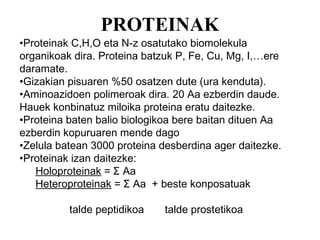 PROTEINAK
•Proteinak C,H,O eta N-z osatutako biomolekula
organikoak dira. Proteina batzuk P, Fe, Cu, Mg, I,…ere
daramate.
•Gizakian pisuaren %50 osatzen dute (ura kenduta).
•Aminoazidoen polimeroak dira. 20 Aa ezberdin daude.
Hauek konbinatuz miloika proteina eratu daitezke.
•Proteina baten balio biologikoa bere baitan dituen Aa
ezberdin kopuruaren mende dago
•Zelula batean 3000 proteina desberdina ager daitezke.
•Proteinak izan daitezke:
Holoproteinak = Σ Aa
Heteroproteinak = Σ Aa + beste konposatuak
talde peptidikoa

talde prostetikoa

 