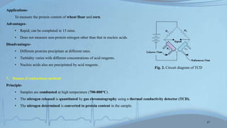 Applications-
To measure the protein content of wheat flour and corn.
Advantages-
• Rapid; can be completed in 15 mins.
• Does not measure non-protein nitrogen other than that in nucleic acids.
Disadvantages-
• Different proteins precipitate at different rates.
• Turbidity varies with different concentrations of acid reagents.
• Nucleic acids also are precipitated by acid reagents.
7. Dumas (Combustion) method:
Principle-
• Samples are combusted at high temperature (700-800°C).
• The nitrogen released is quantitated by gas chromatography using a thermal conductivity detector (TCD).
• The nitrogen determined is converted to protein content in the sample.
17
Fig. 2. Circuit diagram of TCD
 