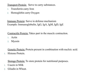 Transport Protein: Serve to carry substances.
1. Transferrin carry Iron
2. Hemoglobin carry Oxygen
Immune Protein: Serve in defense mechanism
Example: Immunoglobulin, IgG, IgA, IgM, IgD, IgE
Contractile Protein: Takes part in the muscle contraction.
1. Actin
2. Myosin
Genetic Protein: Protein present in combination with nucleic acid.
1. Histone Protein.
Storage Protein: To store protein for nutritional purposes.
1. Casein in Milk
2. Gliadin in Wheat.
 