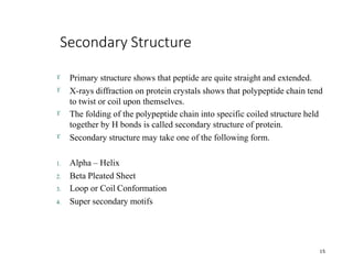 Secondary Structure
15




Primary structure shows that peptide are quite straight and extended.
X-rays diffraction on protein crystals shows that polypeptide chain tend
to twist or coil upon themselves.
The folding of the polypeptide chain into specific coiled structure held
together by H bonds is called secondary structure of protein.
Secondary structure may take one of the following form.
1. Alpha – Helix
2. Beta Pleated Sheet
3. Loop or Coil Conformation
4. Super secondary motifs
 