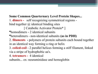 Some Common Quarternary Level Protein Shapes...
1. dimers - self recognizing symmetrical regions -
bind together @ identical binding sites
[ Catabolic Activator Protein* ]
homodimers - 2 identical subunits
heterodimers - non-identical subunits (as in PDH)
2. filaments - polymers of protein subunits each bound together
in an identical way forming a ring or helix
3. colied-coil - 2 parallel helices forming a stiff filament, linked
via a stripe of hydrophobic aa's.
4. tetramers - 4 identical
subunits... ex: neuraminidase and hemoglobin
 