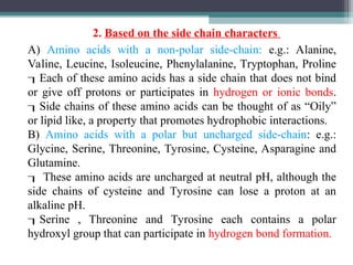 A) Amino acids with a non-polar side-chain: e.g.: Alanine,
Valine, Leucine, Isoleucine, Phenylalanine, Tryptophan, Proline
Each of these amino acids has a side chain that does not bind

or give off protons or participates in hydrogen or ionic bonds.
Side chains of these amino acids can be thought of as “Oily”

or lipid like, a property that promotes hydrophobic interactions.
B) Amino acids with a polar but uncharged side-chain: e.g.:
Glycine, Serine, Threonine, Tyrosine, Cysteine, Asparagine and
Glutamine.
 These amino acids are uncharged at neutral pH, although the
side chains of cysteine and Tyrosine can lose a proton at an
alkaline pH.
Serine , Threonine and Tyrosine each contains a polar
hydroxyl group that can participate in hydrogen bond formation.
2. Based on the side chain characters
 