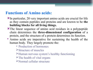 Functions of Amino acids:
In particular, 20 very important amino acids are crucial for life
as they contain peptides and proteins and are known to be the
building blocks for all living things.
The linear sequence of amino acid residues in a polypeptide
chain determines the three-dimensional configuration of a
protein, and the structure of a protein determines its function.
 Amino acids are imperative for sustaining the health of the
human body. They largely promote the:
 Production of hormones
Structure of muscles
Human nervous system’s healthy functioning
The health of vital organs
Normal cellular structure
 