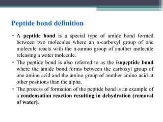 Peptide bond definition
• A peptide bond is a special type of amide bond formed
between two molecules where an α-carboxyl group of one
molecule reacts with the α-amino group of another molecule
releasing a water molecule.
• The peptide bond is also referred to as the isopeptide bond
where the amide bond forms between the carboxyl group of
one amino acid and the amino group of another amino acid at
other positions than the alpha.
• The process of formation of the peptide bond is an example of
a condensation reaction resulting in dehydration (removal
of water).
 