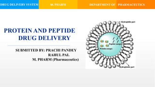DRUG DELIVERY SYSTEM M. PHARM PHARMACEUTICS
PROTEIN AND PEPTIDE
DRUG DELIVERY
SUBMITTED BY: PRACHI PANDEY
RAHUL PAL
M. PHARM (Pharmaceutics)
DEPARTMENT OF
 