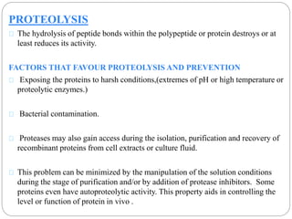 PROTEOLYSIS 
The hydrolysis of peptide bonds within the polypeptide or protein destroys or at 
least reduces its activity. 
FACTORS THAT FAVOUR PROTEOLYSIS AND PREVENTION 
Exposing the proteins to harsh conditions,(extremes of pH or high temperature or 
proteolytic enzymes.) 
Bacterial contamination. 
Proteases may also gain access during the isolation, purification and recovery of 
recombinant proteins from cell extracts or culture fluid. 
This problem can be minimized by the manipulation of the solution conditions 
during the stage of purification and/or by addition of protease inhibitors. Some 
proteins even have autoproteolytic activity. This property aids in controlling the 
level or function of protein in vivo . 
 