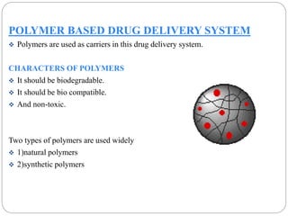POLYMER BASED DRUG DELIVERY SYSTEM 
 Polymers are used as carriers in this drug delivery system. 
CHARACTERS OF POLYMERS 
 It should be biodegradable. 
 It should be bio compatible. 
 And non-toxic. 
Two types of polymers are used widely 
 1)natural polymers 
 2)synthetic polymers 
 