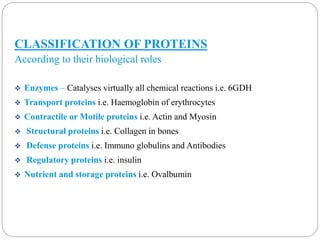 CLASSIFICATION OF PROTEINS 
According to their biological roles 
 Enzymes – Catalyses virtually all chemical reactions i.e. 6GDH 
 Transport proteins i.e. Haemoglobin of erythrocytes 
 Contractile or Motile proteins i.e. Actin and Myosin 
 Structural proteins i.e. Collagen in bones 
 Defense proteins i.e. Immuno globulins and Antibodies 
 Regulatory proteins i.e. insulin 
 Nutrient and storage proteins i.e. Ovalbumin 
 